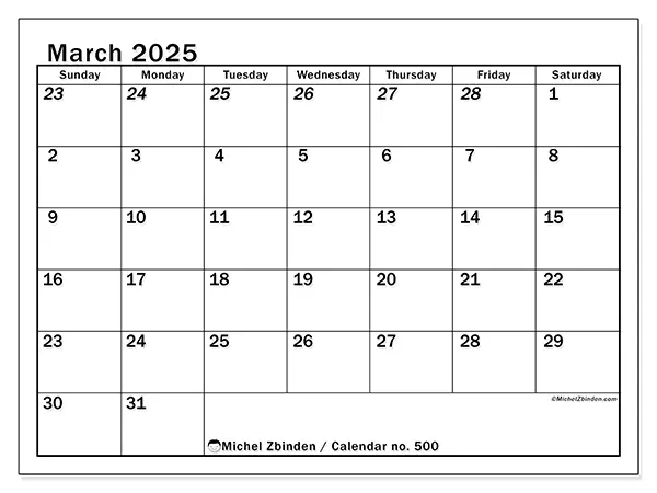Free printable calendar no. 500 for March 2025. Week: Sunday to Saturday.