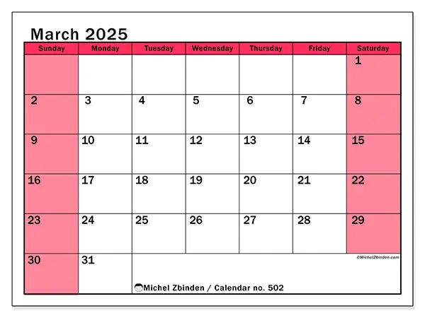 Free printable calendar no. 502, March 2025. Week:  Sunday to Saturday