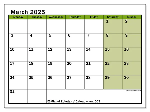 Printable calendar no. 503, March 2025