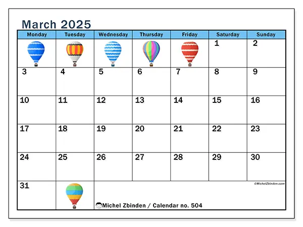 Free printable calendar no. 504 for March 2025. Week: Monday to Sunday.