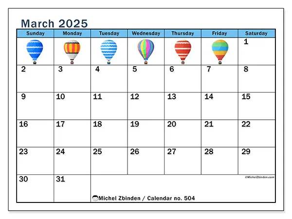 Free printable calendar no. 504, March 2025. Week:  Sunday to Saturday