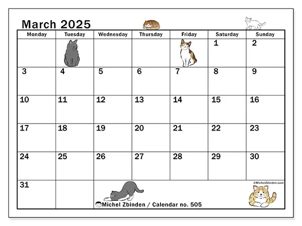 Free printable calendar no. 505 for March 2025. Week: Monday to Sunday.