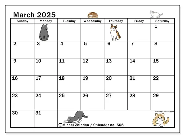 Free printable calendar no. 505, March 2025. Week:  Sunday to Saturday