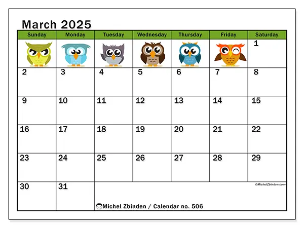 Free printable calendar no. 506 for March 2025. Week: Sunday to Saturday.