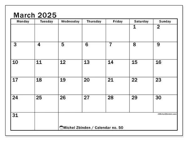 Free printable calendar no. 50 for March 2025. Week: Monday to Sunday.