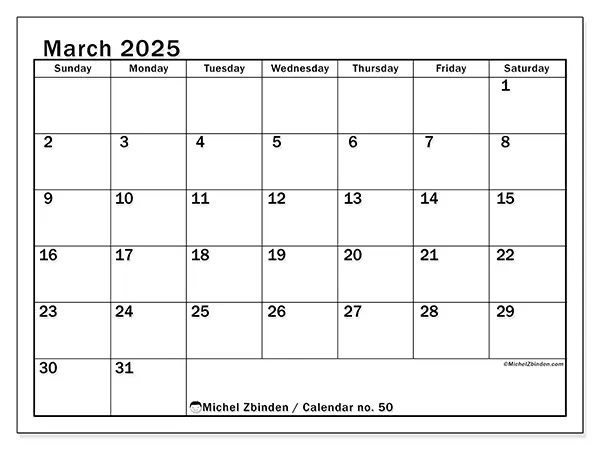 Free printable calendar no. 50, March 2025. Week:  Sunday to Saturday