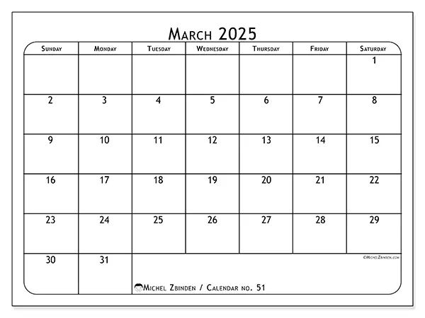 Free printable calendar no. 51 for March 2025. Week: Sunday to Saturday.