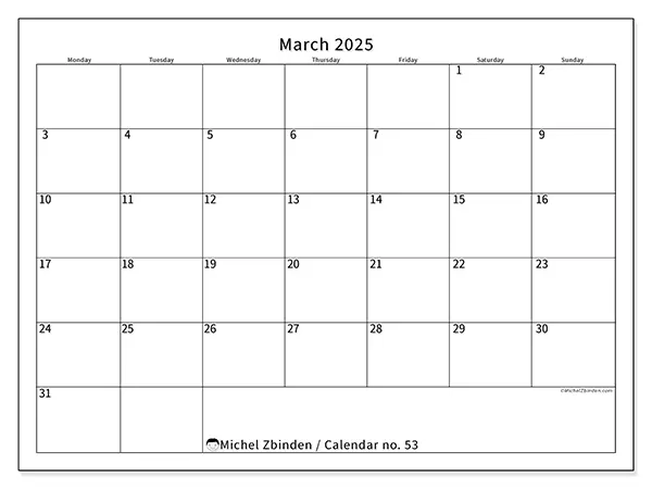 Free printable calendar no. 53 for March 2025. Week: Monday to Sunday.