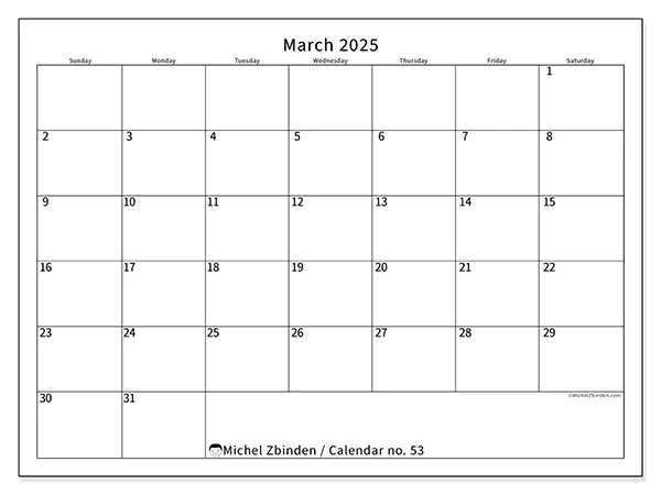 Free printable calendar no. 53 for March 2025. Week: Sunday to Saturday.