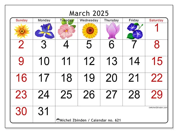 Free printable calendar no. 621 for March 2025. Week: Sunday to Saturday.