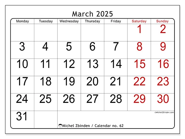Printable calendar no. 62, March 2025