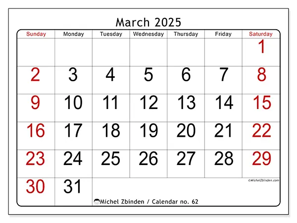 Free printable calendar no. 62, March 2025. Week:  Sunday to Saturday
