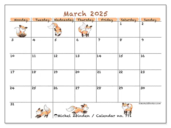 Free printable calendar no. 771 for March 2025. Week: Monday to Sunday.