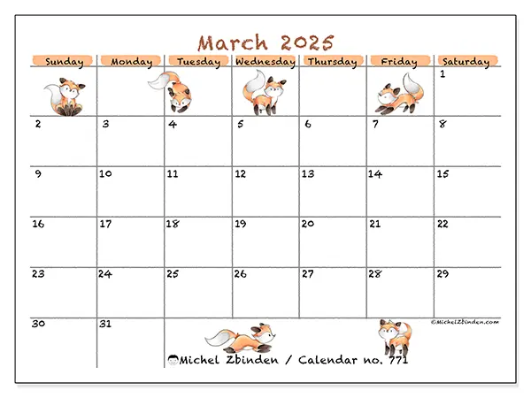 Free printable calendar no. 771 for March 2025. Week: Sunday to Saturday.