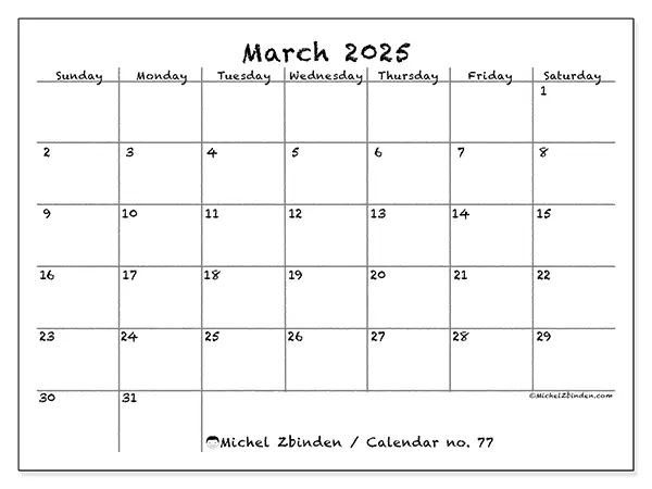 Free printable calendar no. 77 for March 2025. Week: Sunday to Saturday.