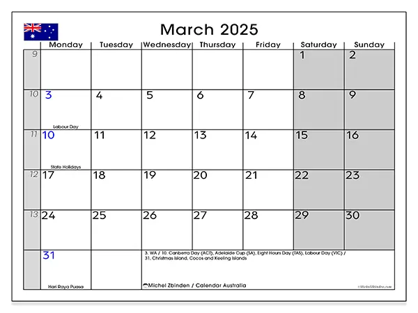 Free printable calendar Australia for March 2025. Week: Monday to Sunday.