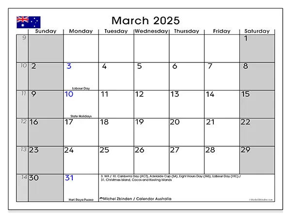 Free printable calendar Australia for March 2025. Week: Sunday to Saturday.