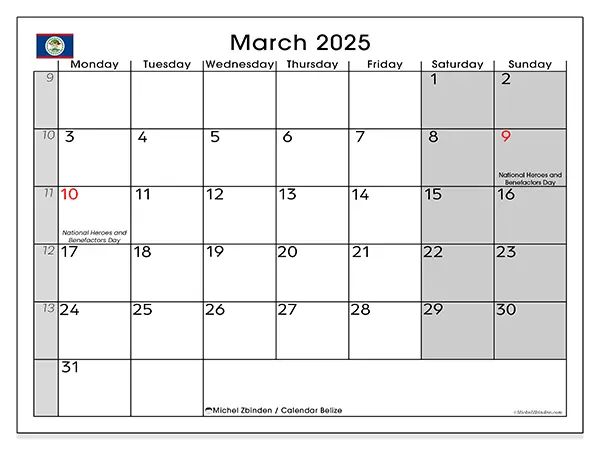Free printable calendar Belize for March 2025. Week: Monday to Sunday.