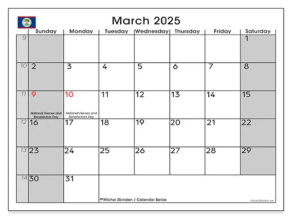 Free printable calendar Belize for March 2025. Week: Sunday to Saturday.