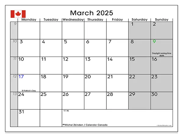 Free printable calendar Canada for March 2025. Week: Monday to Sunday.