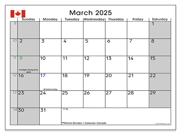 Free printable calendar Canada for March 2025. Week: Sunday to Saturday.