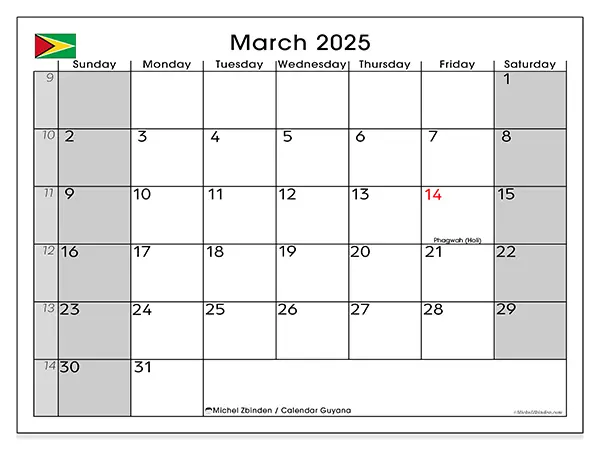 Free printable calendar Guyana for March 2025. Week: Sunday to Saturday.