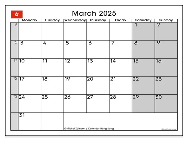 Free printable calendar Hong Kong for March 2025. Week: Monday to Sunday.
