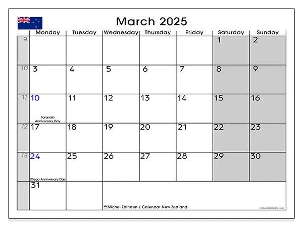 Free printable calendar New Zealand for March 2025. Week: Monday to Sunday.