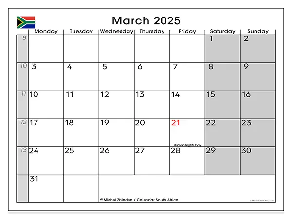 Free printable calendar South Africa for March 2025. Week: Monday to Sunday.