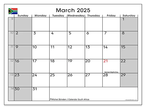 Free printable calendar South Africa for March 2025. Week: Sunday to Saturday.