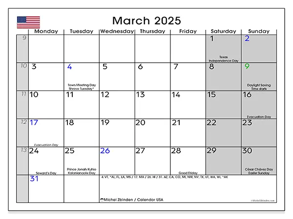 Free printable calendar USA for March 2025. Week: Monday to Sunday.
