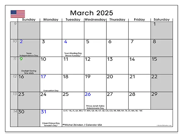 Free printable calendar USA for March 2025. Week: Sunday to Saturday.