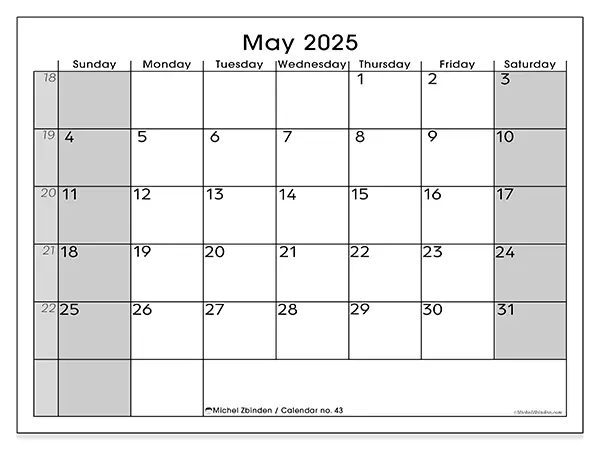 Free printable calendar n° 43, May 2025. Week:  Sunday to Saturday