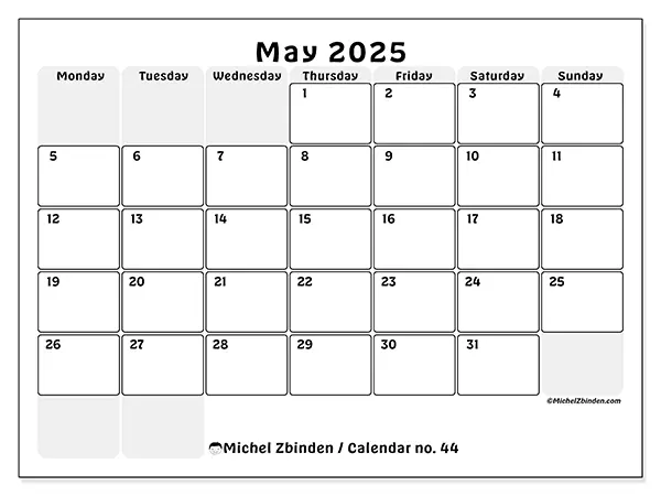 Printable calendar n° 44 for May 2025. Week: Monday to Sunday.