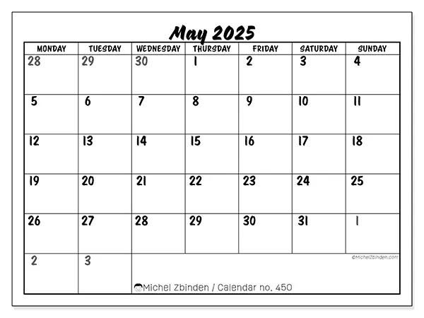 Printable calendar n° 450 for May 2025. Week: Monday to Sunday.
