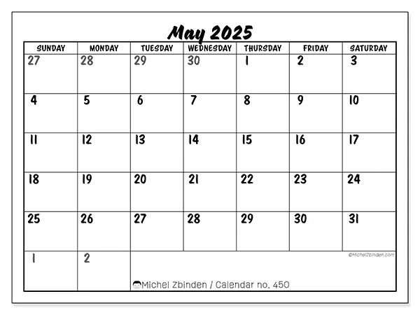 Free printable calendar n° 450, May 2025. Week:  Sunday to Saturday