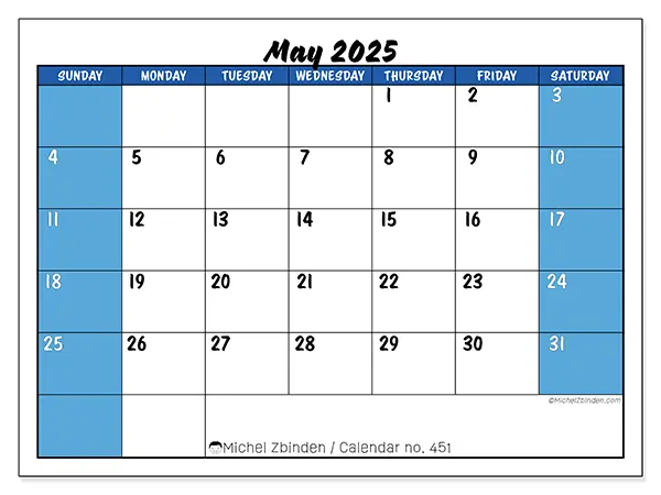 Free printable calendar n° 451, May 2025. Week:  Sunday to Saturday
