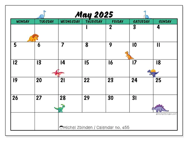Printable calendar n° 455 for May 2025. Week: Monday to Sunday.