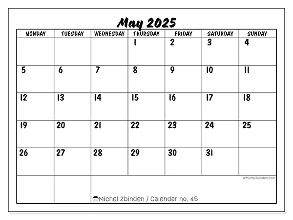Printable calendar n° 45 for May 2025. Week: Monday to Sunday.