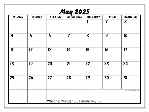 Free printable calendar n° 45, May 2025. Week:  Sunday to Saturday