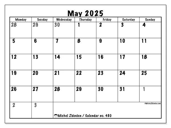 Printable calendar no. 480 for May 2025. Week: Monday to Sunday.