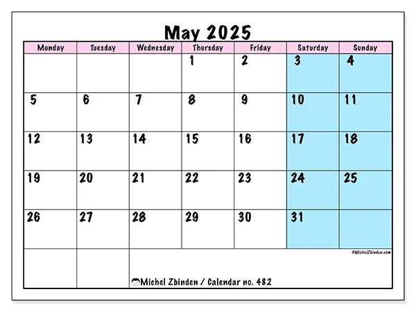 Printable calendar no. 482 for May 2025. Week: Monday to Sunday.