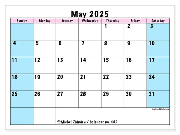 Free printable calendar no. 482, May 2025. Week:  Sunday to Saturday