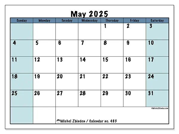 Free printable calendar no. 483, May 2025. Week:  Sunday to Saturday