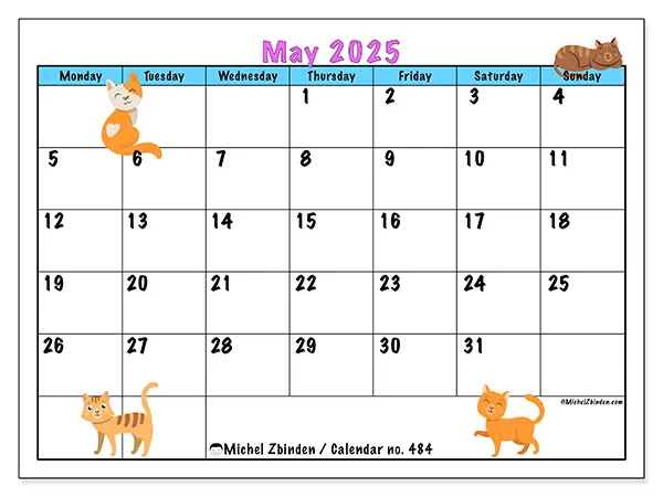 Printable calendar no. 484 for May 2025. Week: Monday to Sunday.