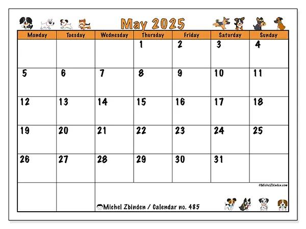 Printable calendar no. 485 for May 2025. Week: Monday to Sunday.