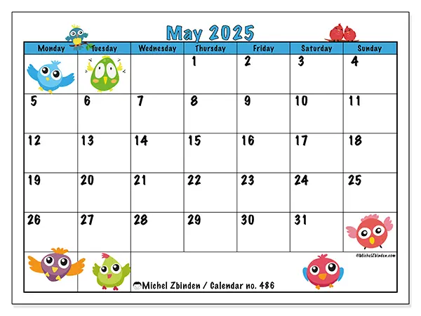 Printable calendar no. 486 for May 2025. Week: Monday to Sunday.