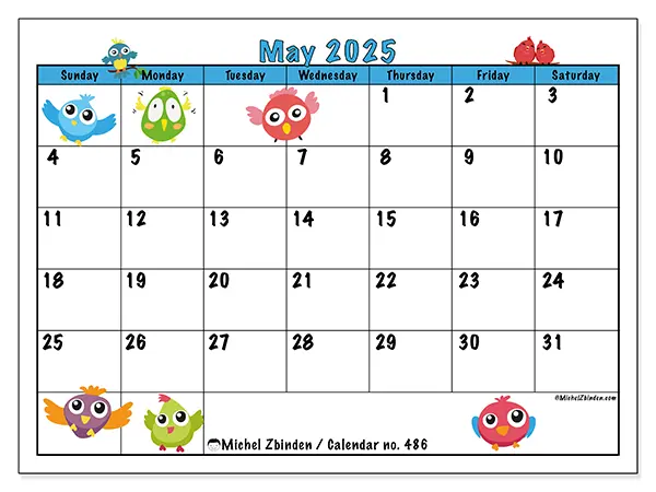 Free printable calendar no. 486, May 2025. Week:  Sunday to Saturday
