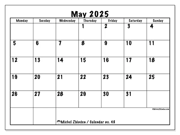 Printable calendar no. 48 for May 2025. Week: Monday to Sunday.