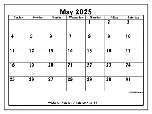Free printable calendar no. 48, May 2025. Week:  Sunday to Saturday